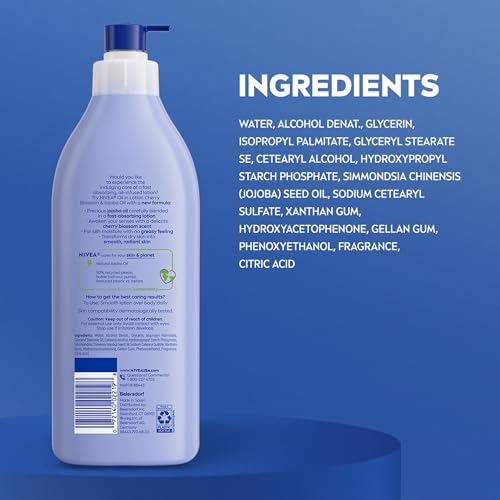 NIVEA Oil Infused Cherry Blossom and Jojoba Oil Body Lotion for Women, Fast-Absorbing and Non-Greasy Cherry Blossom Scented Lotion Moisturizes for 48 Hours, 16.9 Fl Oz Pump Bottle