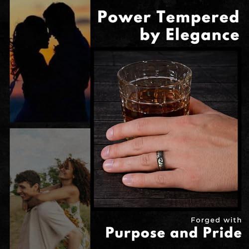 The Jewelry Source 7mm Damascus Steel Mens Ring with 14K Rose Gold Inlay – Comfort Fit Wedding Band – Textured Etched Grain Finish (8.75)