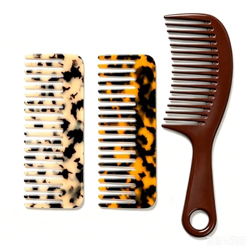 Wide Tooth Comb Set, 3-Piece Cellulose Acetate Detangler with 2 Travel Sizes and 1 Handled Home Comb, Anti-Static for Curly, Thick, Wavy, Wet or Dry Hair