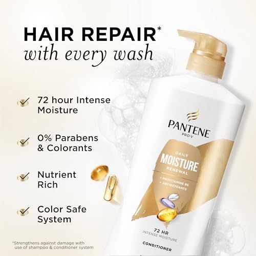 Pantene Conditioner, Daily Moisture Renewal - Pro-V Nutrients for Dry, Color-Treated, Straight to Curly Hair, 72 Hour Hydration & Softness, Paraben Free, Cleanses, Strengthens Bonds, 25.1 Fl Oz