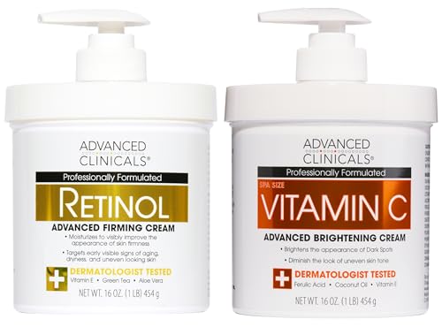 Advanced Clinicals Retinol Body Lotion + Brightening Vitamin C Lotion 2pc Skincare Set For Women & Men | Body Cream & Face Moisturizer Set Helps Improve The Look Of Dark Spots & Uneven Skin Tone, 2PC