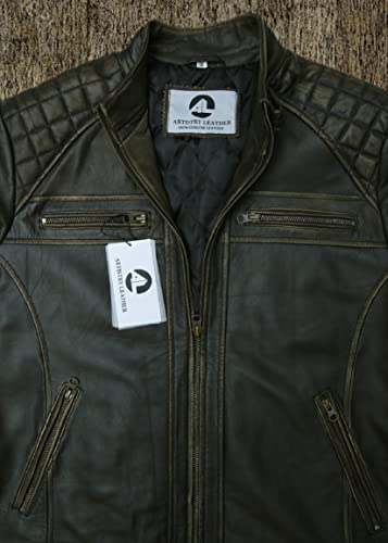 Mens Genuine Leather Biker Jacket Black | Vintage Brown Distressed Lambskin Motorcycle Jackets for Men (Distressed Brown, X-Large)