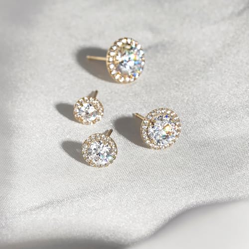 DIAMONBLISS 10K Real Solid Gold Halo Earrings for Women | 10K Yellow Gold Round Halo Studs | 0.5 Carat Cubic Zirconia CZ Simulated Diamond