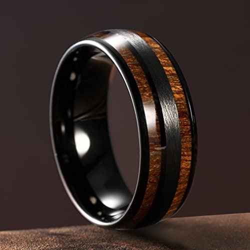 King Will Tungsten Carbide Wedding Band for Men Women-8mm Width Brown Koa Wood Inlay and Black Center Domed Design Wodden Wedding Ring Comfort Fit Size 9