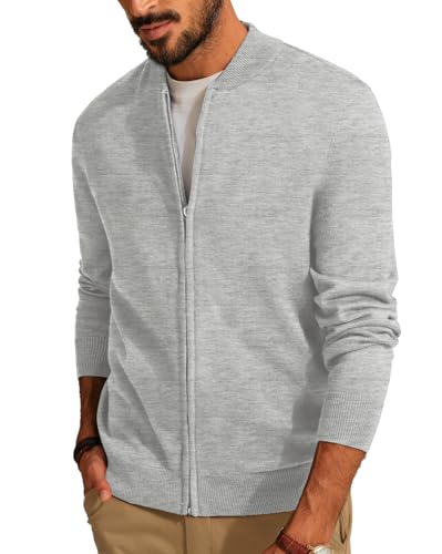Mens Classic 2-Way Zip Cardingan Sweater Stand Collar Baseball Jacket Light Grey, M