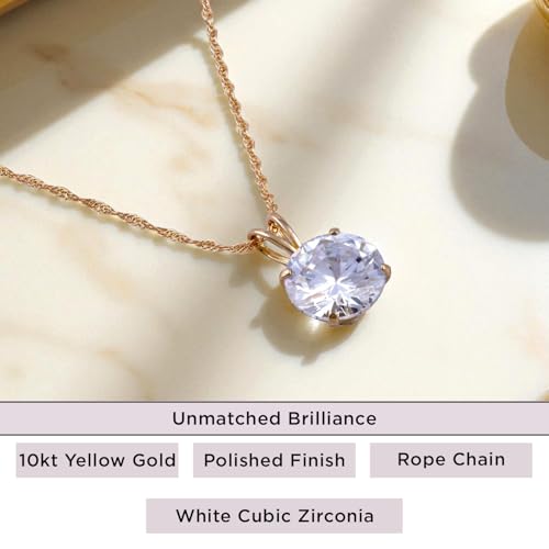 Jewelili 10K Yellow Gold Solitaire Pendant Necklace for Women | Dainty Round Cut White Cubic Zirconia Gold Necklace 8.0MM (2.0 CTW) | 18" Rope Chain | Birthday Gift for Her | Gift Box Included