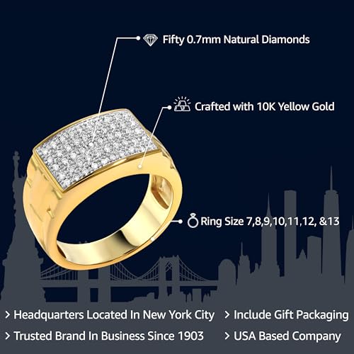 Gem Stone King White Diamond Ring For Men | 10K Yellow Gold