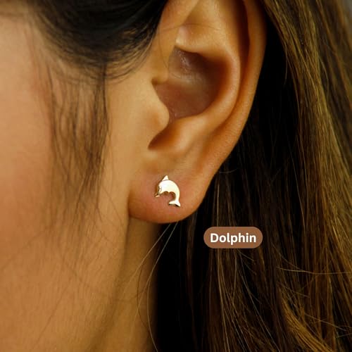 10k Solid Gold Ear Studs, Real Gold Stud Earrings, Dainty Gold Earrings, Minimalist Gold Ear Studs - Serena Sparkles (Dolphin)