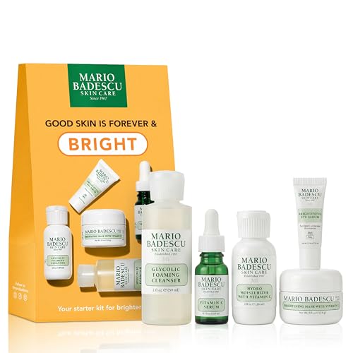 Mario Badescu Good Skin Is Forever & Bright 5-Piece Skincare Set – Glycolic Cleanser, Vitamin C Serum, Hydro Moisturizer, Brightening Mask & Eye Serum for Radiance