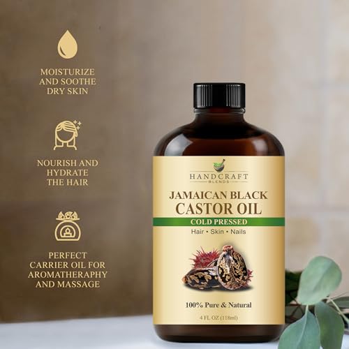 Handcraft Blends Cold-Pressed Jamaican Black Castor Oil 4 Fl Oz | Glass Bottle | Lash Brushes | 100% Pure and Natural | Premium Grade Carrier Oil | Hair, Eyelashes and Eyebrows | Hair and Body