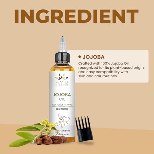 AVD ORGANICS Jojoba Oil for Hair (120ml Large) – Natural Cold-Pressed Unrefined Hexane Free huile de jojoba for Hair, Face, Scalp, Nails & Cuticles | Carrier Oil - 4.05 fl oz