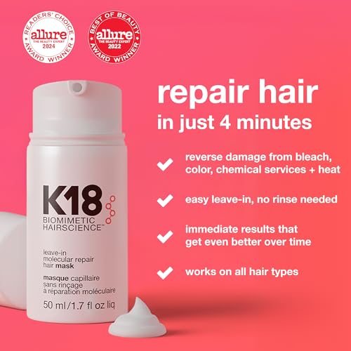 K18 Leave-In Molecular Repair Hair Mask - Peptide Hair Treatment Mask for Bleach, Color, Chemical + Heat Damaged Strands - Immediate + Lasting Damage Reversal in 4 Minutes (1.7 Fl oz)