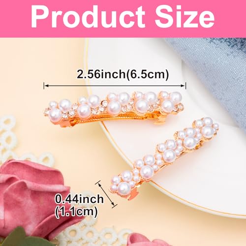 CTEAKOP 2 Pcs Pearl Hair Clips, Pearl-Embellished Barrette, Elegant Rhinestone Pearls Barrettes for Women, Party, Wedding, Daily Use, Graduation (Gold)