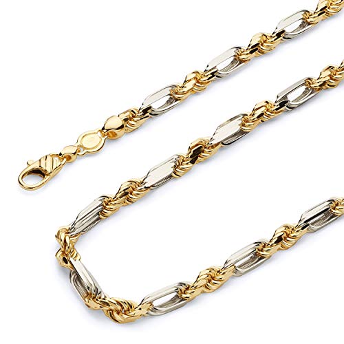 14k REAL Two Tone Gold Solid Men's 7.5mm Figarope Chain Bracelet with Lobster Claw Clasp - 9"