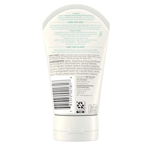 Aveeno Calm + Restore Nourishing PHA Facial Exfoliator Daily for Sensitive Skin, Fragrance-Free & Non-Abrasive Oat Formula to Gently Exfoliate & Cleanse Skin, Hypoallergenic, 4 fl. oz