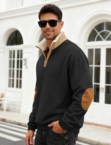 QOSOQ Men's Fleece Sweatshirts Vintage Quarter Zip Pullover shirt Casual Long Sleeve Sweatshirt warm tops Black