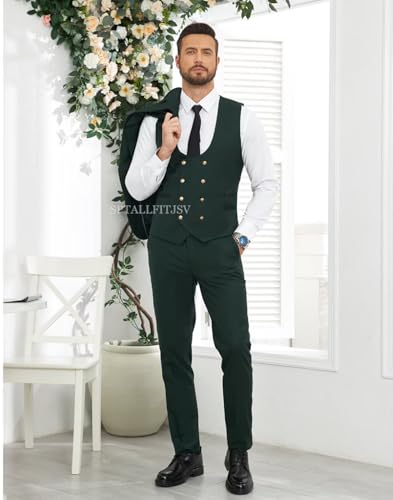 SPTALLFITJSV Beige Men's Slim Fit Suit 3 Piece Prom Christmas Party Business Suits Double Breasted Blazer Men Tuxedo Set, Size Large