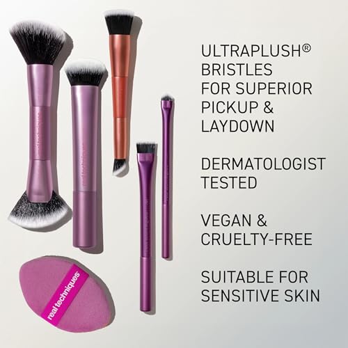 Real Techniques Big Blends Energy Brush + Dual-Sided Puff Kit, 6-Piece Set