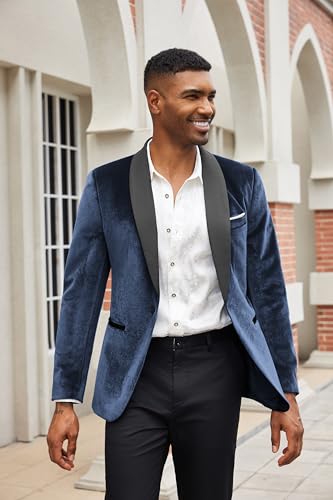 COOFANDY Men Velvet Blazer Slim Fit Suit Jacket Luxury Shawl Lapel Tuxedo Jackets One Button Casual Suit Sport Coat Navy Blue