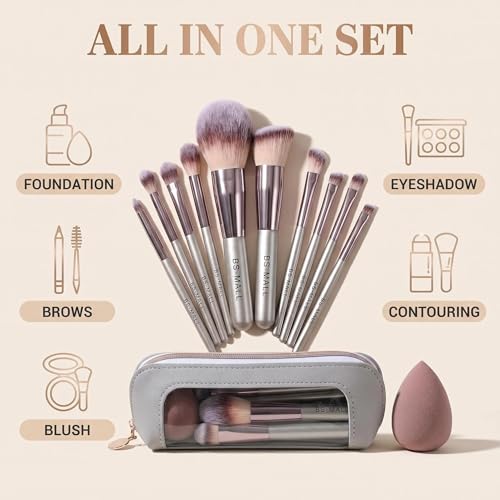 Travel Makeup Brush Set with Case & Sponge for Foundation Powder Blush 14