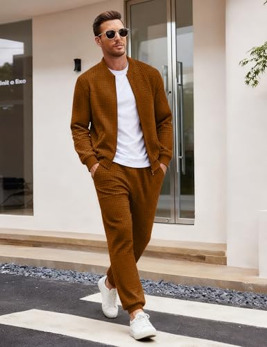 UOUA Men's Tracksuit 2 Piece Sets Jogging Suit Casual Running Sweatsuit with Full Zip Athletic Jackets and Pants Sports Outfits Brown M