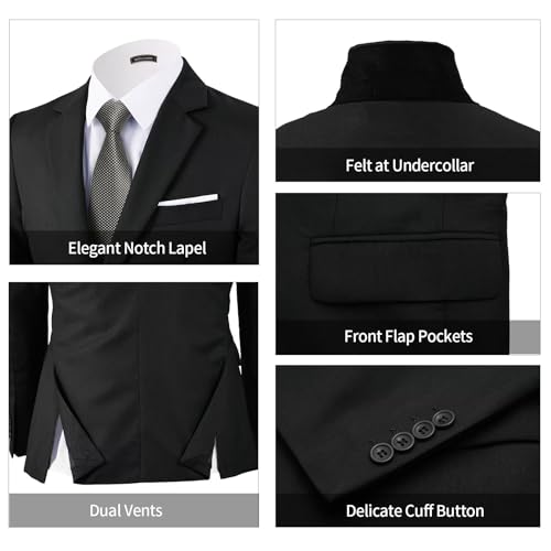 WEEN CHARM Suits for Men,3 Piece Slim Fit Suit Set with 2-Button Blazer,Vest,Pants,Tuxedo for Wedding,Prom,Party,Business Black