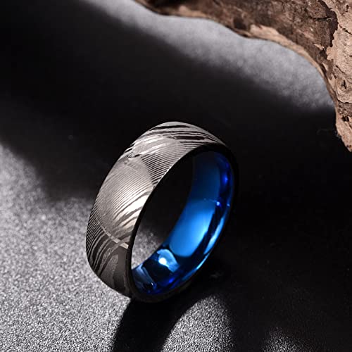 Vakki Damascus Mens Wedding Bands 8mm Black Damascus Steel Rings Blue Innerface Comfort Fit Size 12