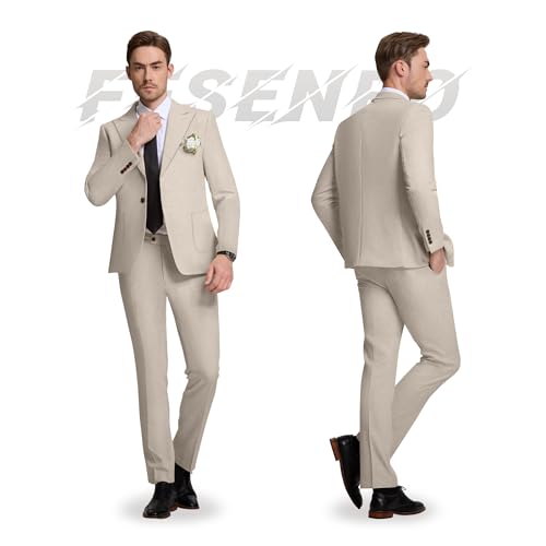 Fesenbo Mens Casual Suits Beige Linen Suit Slim Fit 2 Piece Lightweight Jacket and Dress Pants Set Groomsmen Suit for Wedding S