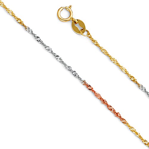 14k REAL Tri Color Gold Solid 1.2mm Singapore Chain Necklace with Spring Ring Clasp - 16"