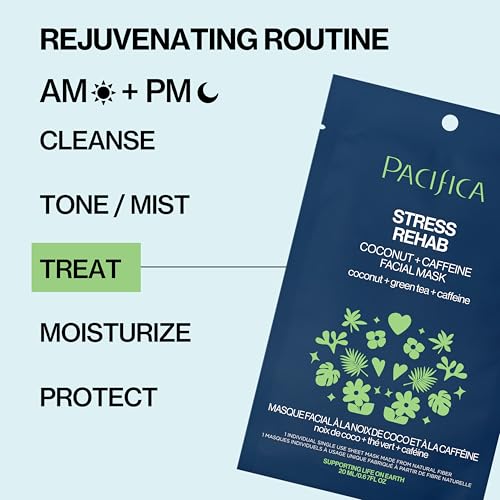 Pacifica Sheet Mask - Skin Rehab Coconut & Caffeine Facial Mask - Sheet Mask for Redness & Puffiness, Infused w/Green Tea, Turmeric & Hyaluronic Acid, Vegan & Cruelty-Free Skincare