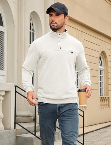 URRU Quilted Sweatshirts for Men Contrast Stand Collar Casual Quarter Button Long Sleeve Cotton Pullover Sweater White XXL