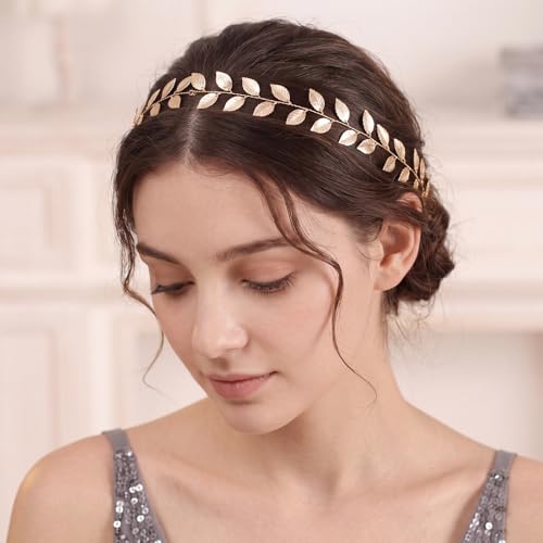 WILLBOND 2 Pcs Gold Leaf Wedding Headband Gold Leaf Headpiece Bridal Hair Vine Goddess Head Chains Acessories for Bridesmaid Flower Girls Women Roman Toga Costume, 13.5 Inch