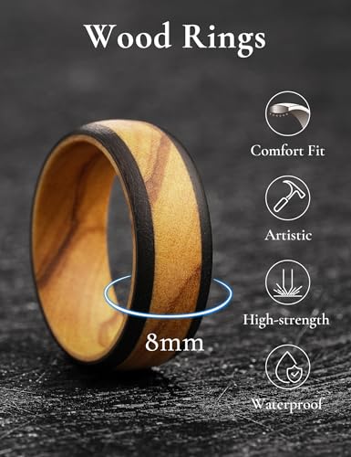 Mens Wood Rings Natural Wooden Wedding Bands 8mm Lightweight Size 9