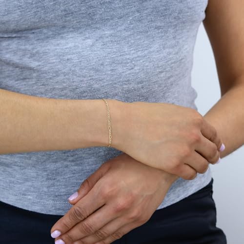 Nuragold 10K Real Yellow Gold Figaro Link Chain Bracelet for Men & Women - 9",2mm