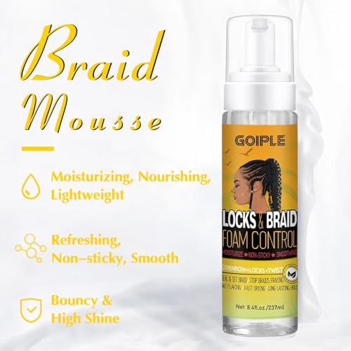 Braid Foam Control Braid Mousse for Braids Twist, Locs, No Flake Extra Hold High Shine Style and Moisturizes, Hair Braiding Mousse for Braids Lightweight Easy to Apply 8fl oz