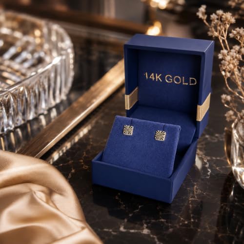 Real 14k and 10K solid Yellow Gold Tiny Stud Earrings with Screw back for Women And Men for Sensitive ears Small & Minimalist Studs Jewelry for Gifts(Diamond Cut Square earrings)
