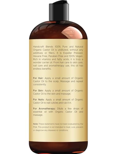 Handcraft Blends Organic Castor Oil 16 Fl Oz | 100% Pure and Natural | Premium Grade Carrier Oil | Hair, Eyelashes and Eyebrows | Hair and Body | Expeller-Pressed | Hexane-Free