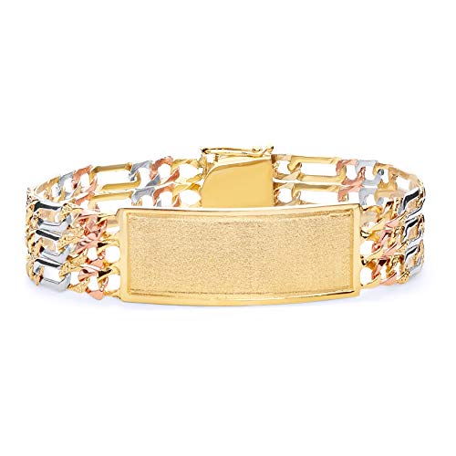 14k REAL Tri Color Gold Men's 3 Line Nugget Figaro Link ID Bracelet - 8.5"