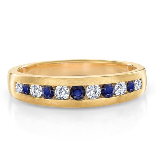 Gem Stone King Men's 10K Yellow Gold White Lab Grown Diamond and Blue Sapphire Satin Finish Wedding Band Ring For Men | 0.63 Cttw | Size 13