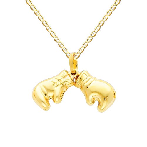 The World Jewelry Center 14k REAL Yellow Gold Double Boxing Glove Pendant with 1.5mm Flat Mariner Chain Necklace - 16"