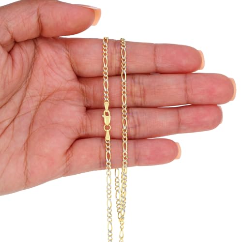 Nuragold 14k Real Yellow Gold Figaro Link Pave Diamond Cut Chain Necklace - 20",2.5mm