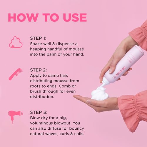 Design.Me PUFF.ME Hair Volumizing Mousse | Lightweight & Flexible Hold Mousse for Curls, Waves, or Straight Hair | Sulfate & Paraben-Free Volumizer for Fine Strands with Vitamins B5 & E, 250mL