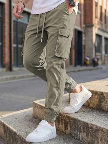 JMIERR Mens Fashion Cargo Joggers Pants - Casual Tapered Stretch Chino Athletic Sweatpants Drawstring Work Hiking Workout Trousers with Pockets Fall Clothing, XL, Olive Green