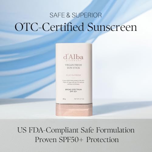 d'alba Piedmont Air Fit Fresh Sun Stick, OTC BROAD SPECTRUM SPF 50+, Non-Sticky On-the-Go Sun Protection, Outdoor Essential Vegan Sun Stick, Silky & Fresh, Korean Skin Care (0.7 Oz.)
