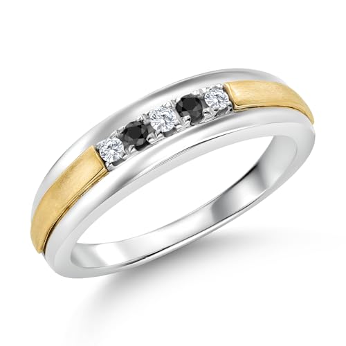 Gem Stone King White Lab Grown Diamond and Black Diamond Satin Finish Wedding Band Ring for Men | 925 Sterling Silver and 10K Yellow Gold | 0.18 Cttw | Size 10