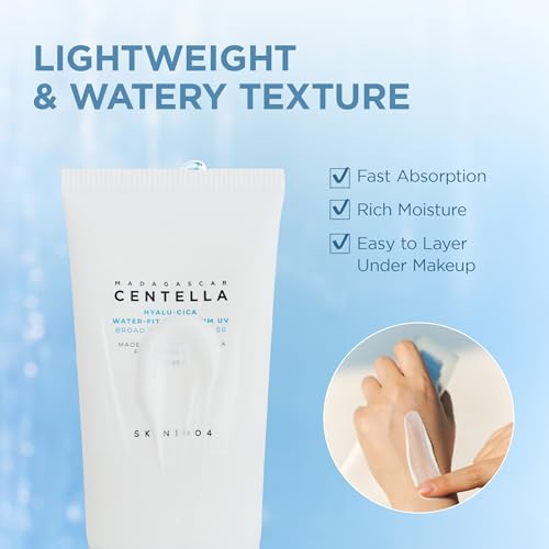 SKIN1004 Centella Hyalu-Cica Water-Fit Sun Serum UV, Korean Sunscreen SPF 50, Centella Sunscreen, Travel Essentials, Sunscreen with Hyaluronic Acid, No White Cast, Korean Skin Care, 1.69 fl.oz / 50ml
