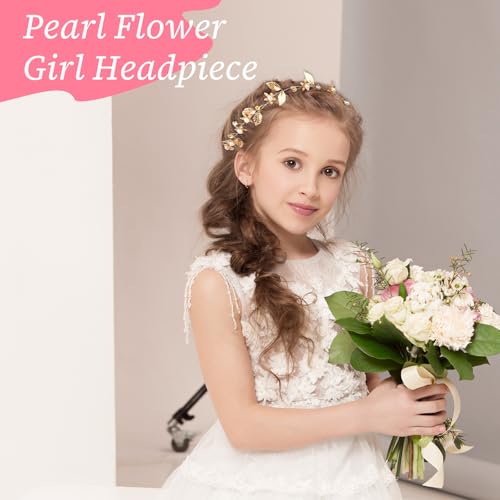 KALIONE Gold Leaf Headband Wedding Bridal Boho Hair Piece Flower Girl Headpiece Pearl Accessories for Kids Gold Hair Vine for Prom Party
