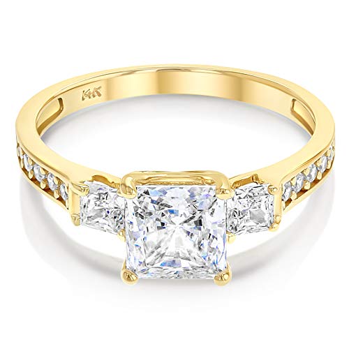 Ioka - 14K Solid Yellow Gold 1.5 Ct. Princess Cut 3 Stone CZ Engagement Ring With Stones in Band - Size 7