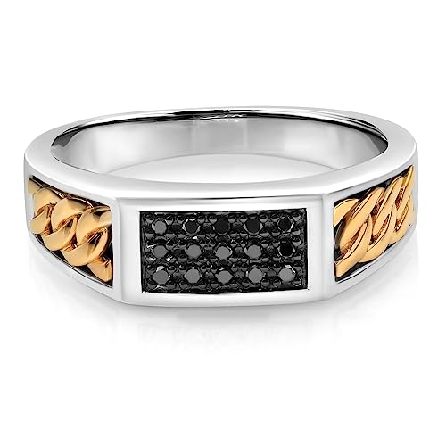 Gem Stone King Black Diamond Ring For Men | 925 Sterling Silver and 10K Yellow Gold | 0.18 Cttw | 6.5MM Width | Available In Size 7, 8, 9, 10, 11, 12, 13 | Size 11