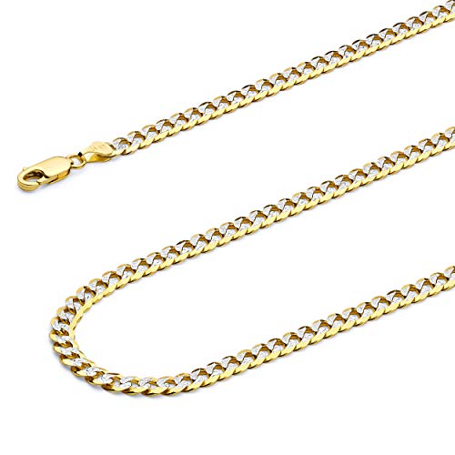 14k REAL Two Tone Gold Solid Men's 6mm Cuban Concave Curb White Pave Chain Necklace with Lobster Claw Clasp - 22"